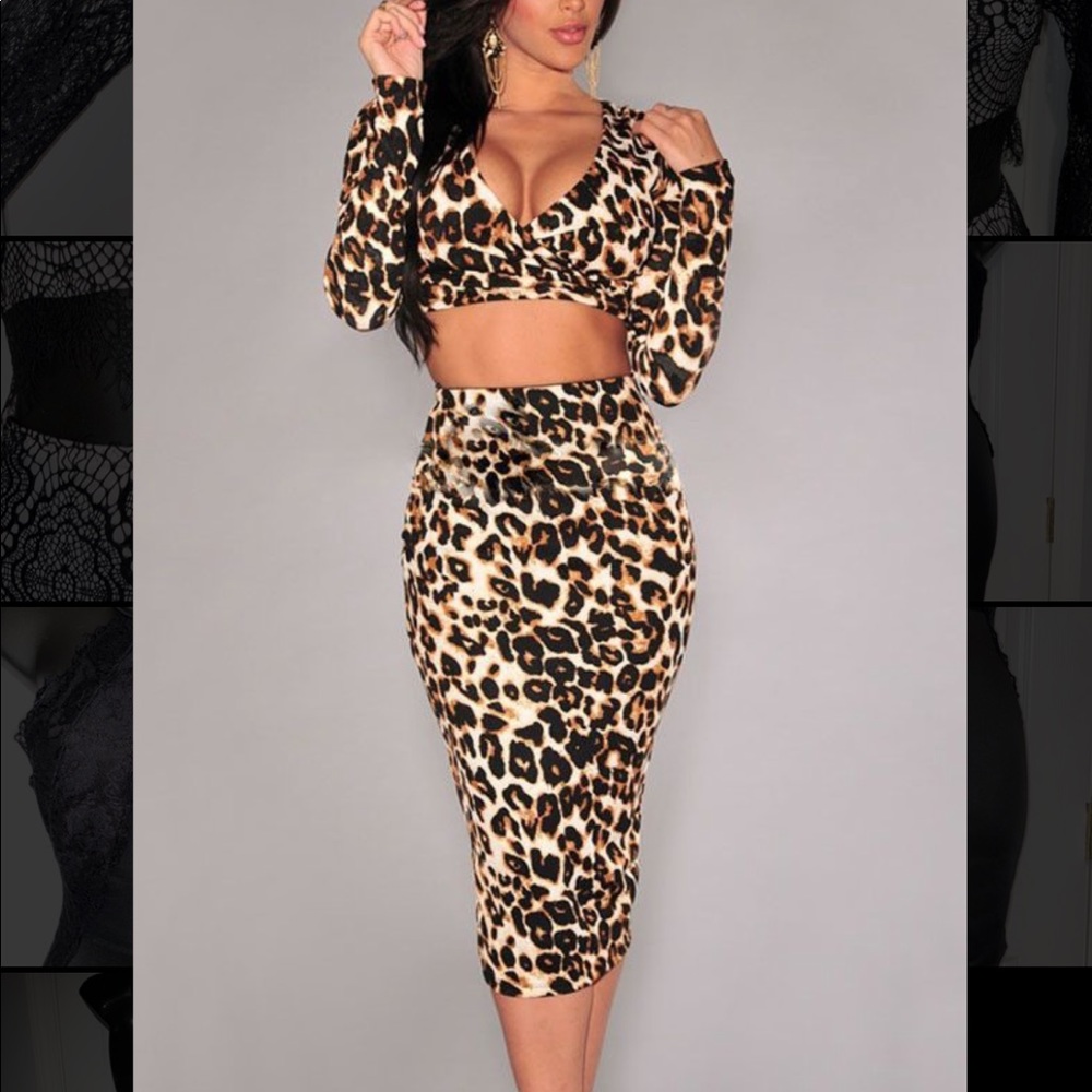 Two Piece Leopard Print Skirt Set